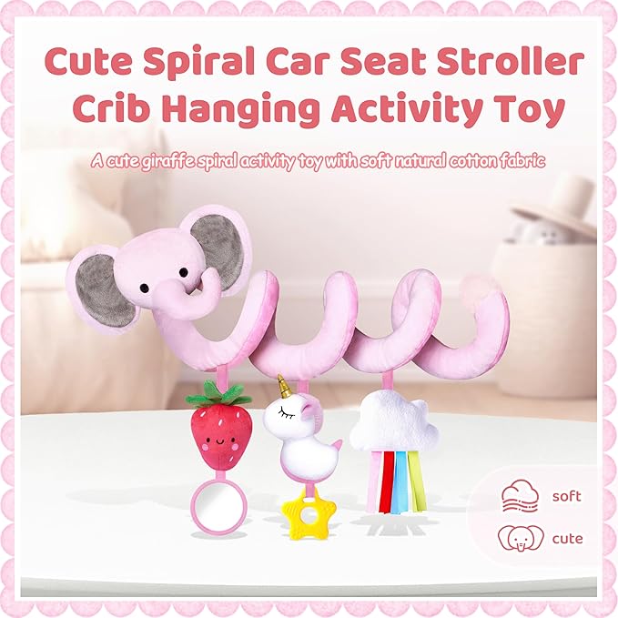 Stuffed Spiral Car Seat Toys for Baby Girls 0-6 Months, Perfect Newborn Gifts for Girls Essentials, Cute Pink Elephant Plush Items