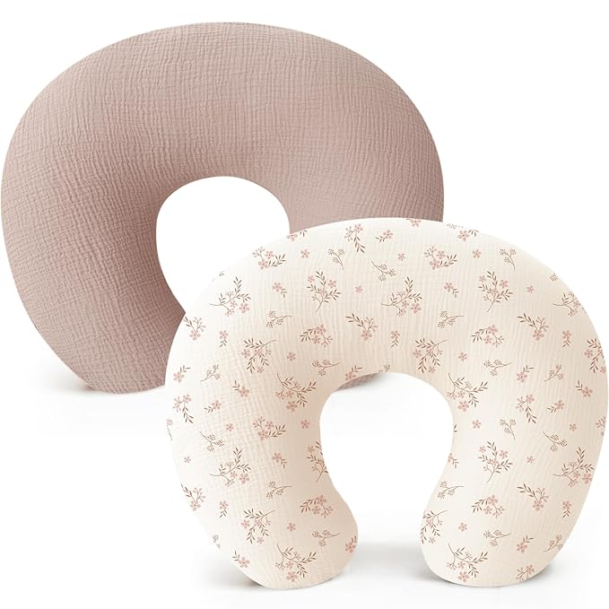 Konssy 2-Pack Muslin Nursing Pillow Covers, Soft & Adorable Nursing Covers for Breastfeeding Pillows, Slipcovers for Newborn Boys & Girls(Soft Blooms,Taupe)