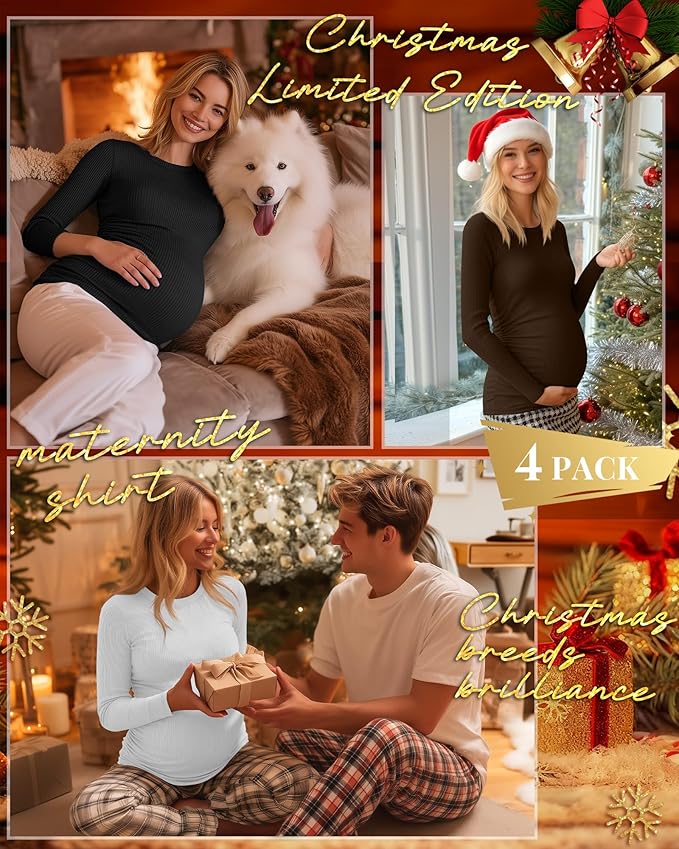 Ficerd 4 Pack Women's Maternity Shirts Cotton Long Sleeve Ribbed Crew Neck Pregnancy Tops Side Ruched Casual Mama Clothes