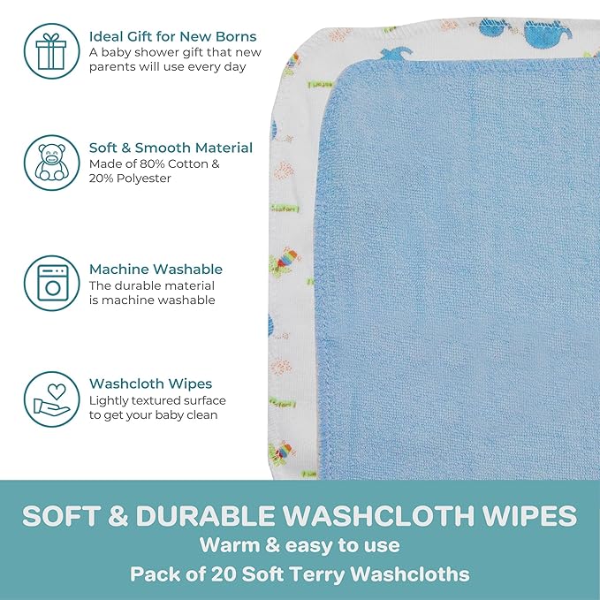 Spasilk Washcloth Wipes Set for Newborn Boys and Girls, Soft Terry Washcloth Set, Pack of 20, Blue Elephant