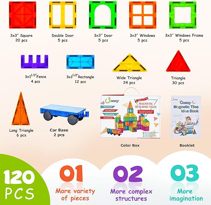 cossy 120Pcs Magnetic Tiles Magnetic 3D Building Blocks Set Educational Construction Toys for 3+ Year Old Kids with Stronger Magnets, Educational Toys, Recreational, Conventional