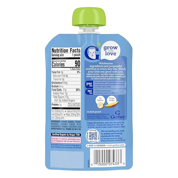 Gerber Stage 2 Baby Food, Organic Banana Mango Puree Pouch, 2 Servings of Fruit, No Added Sweetener, No Artificial Colors or Flavors, 12-Pack