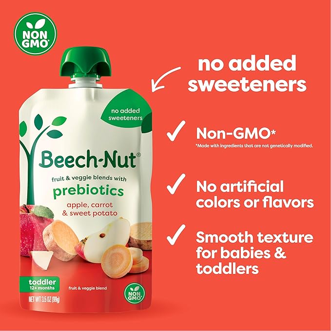 Beech-Nut Baby & Toddler Food Pouches Variety Pack, Protein & Fiber/Iron & Zinc/Prebiotic Fiber Fruit & Veggie Purees, 3.5 oz (18 Pack)