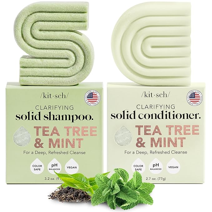 Kitsch Tea Tree Shampoo and Conditioner Set – Anti Dandruff Shampoo Bar & Conditioner Bar - Hair Care for All Hair Types - Free of Paraben, Sulfate & Silicone - Made in USA - 2 pcs