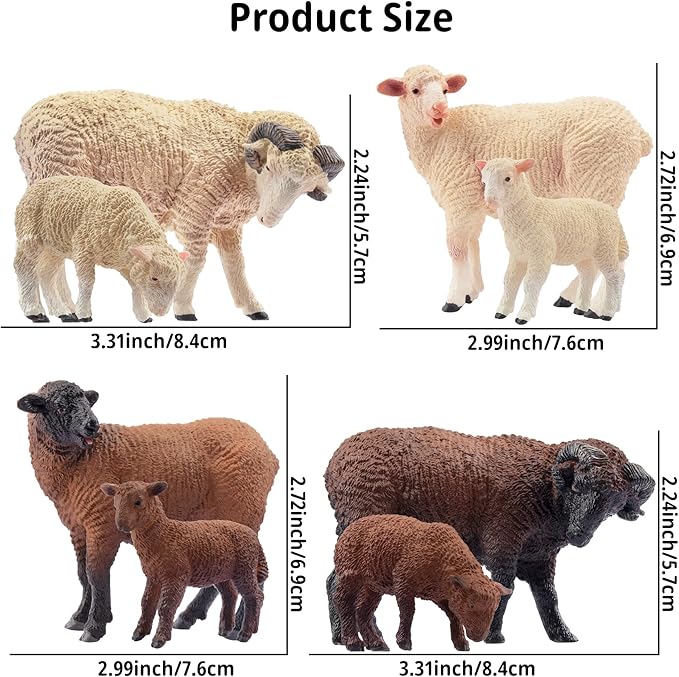 Toymany 8PCS Merino Sheep Figurines Realistic Farm Animal Sheep Toys- Plastic Sheep Figures Birthday Christmas Toy Gift for Kids Toddlers