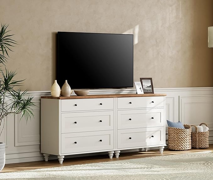 WAMPAT White Dresser for Bedroom with 6 Drawers, Wood Dressers with Wide Chest of Drawers, Mid Century Modern Wooden Closet Storage Organizer, Large Kids Dressers for Nursery, Living Room, Hallway