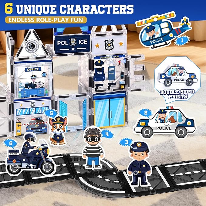 60PCS Police Station Magnetic Tiles Set with 6 Magnetic Dolls,Magnet Tiles Building Blocks for kids,Toy for Boys 3-5 4-8-12 Gifts,STEM City Police Toys Include Policeman,Puppy,Criminal,Vehicles,Prison