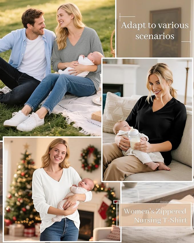 3 Pack Women's Oversize Nursing Shirts for Breastfeeding with Hidden Zippers Loose Fit Long Sleeve Maternity Tops