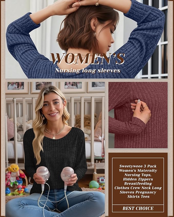 3 Pack Women's Nursing Long Sleeve Tops Breastfeeding Thermal Sweaters with Hidden Zipper Maternity Ribbed Shirts