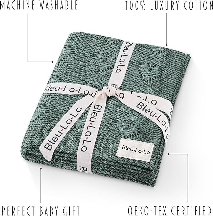 Heirloom Knit Heart Receiving Blanket for Boys and Girls - 100% Luxury Cotton Baby Blanket - Soft Warm Swaddle Receiving Receiving Blanket for Newborns Infants & Toddlers (Hunter Green)