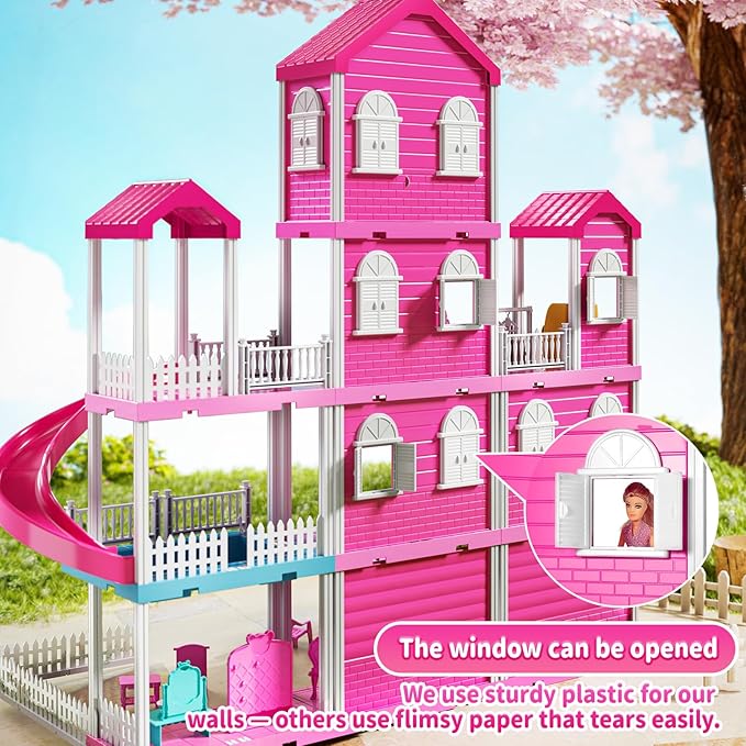 Pink Girl House Playset for Kids 3 4 5 6 7 8 Years Old - Villa Girl Toys with 4 Storeys 10-Room and 2 Dolls, Furniture Accessories, Pretend Play Indoor Toddler Toys Birthday Gifts for 3-5 6-8