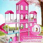 Pink Girl House Playset for Kids 3 4 5 6 7 8 Years Old - Villa Girl Toys with 4 Storeys 10-Room and 2 Dolls, Furniture Accessories, Pretend Play Indoor Toddler Toys Birthday Gifts for 3-5 6-8