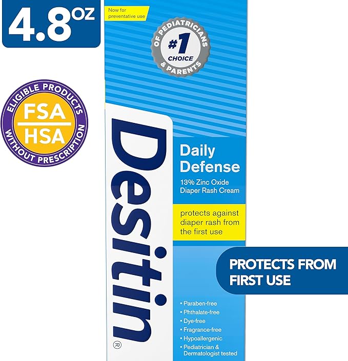 Desitin Daily Defense Baby Diaper Rash Cream with Zinc Oxide to Treat, Relieve & Prevent diaper rash, Hypoallergenic, Dye-, Phthalate- & Paraben-Free, 4.8 oz