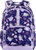 Choco Mocha Sloth Backpack for Girls, Elementary School Backpack for Girls Ages 6-8 Kids Kindergarten Backpack Large Bookbag 18 Inch with Chest Strap, Purple