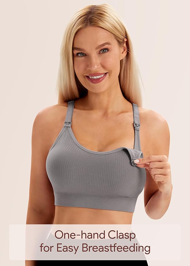 Angelhood Nursing Bras for Breastfeeding, Ribbed Nursing Sports Bra Yoga Maternity Bras Pregnancy Sleep Bralette