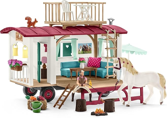 Schleich Horse Club - 113PC Interactive Camping Trip - Car and Camper Caravan Playset with Horse and Rider Figures, Dog Figurine and Accessories for Girls, Boys - Realistic Kids Toys Ages 5+ | 72205