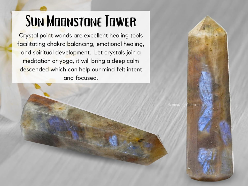 Amazing Gemstone Sun Moonstone Crystal Towers - Natural Healing Crystal Point Obelisk for Reiki Healing and Crystal Grid (2" to 3" Inch)