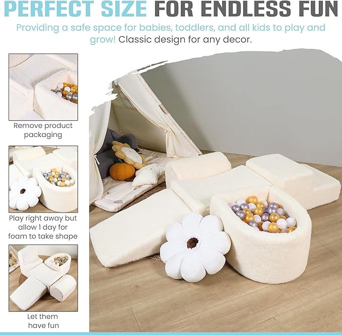 Foam Climbing Blocks - Climbing Toys for Toddlers 1-3 Inside - Soft Play Set for Babies - Indoor Activity Soft Playset for Baby 6-12 Months - Sherpa Fabric - 5 PCS - Balls NOT Included