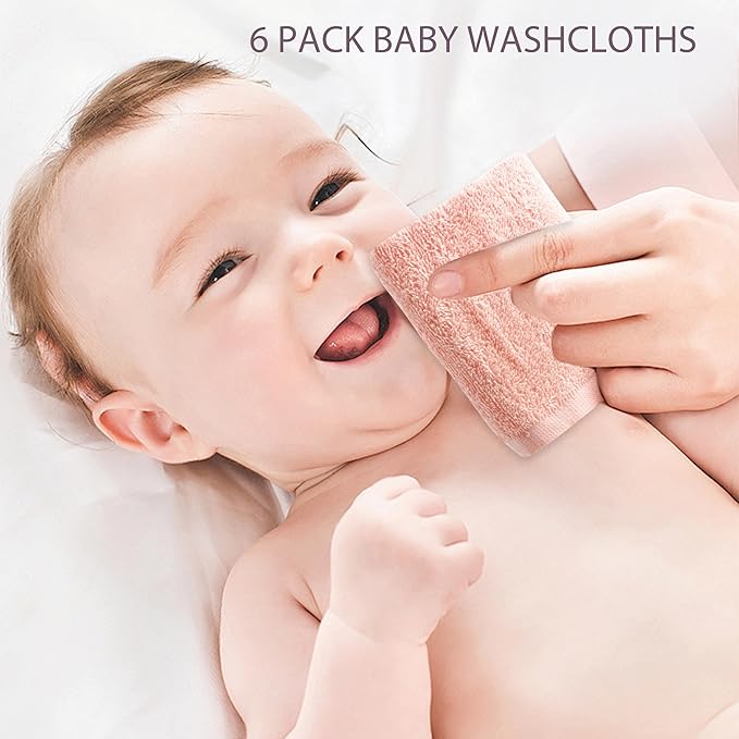 Baby Washcloths 6 Pack 100% Cotton Soft and Absorbent Terry 10" x 10" Wash Cloths Wipes for Face Hand Body Burp Rag with Sensitive Skin for Newborns Infants Toddlers