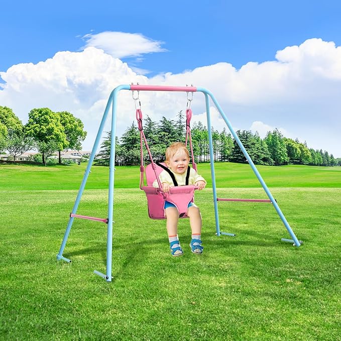 2-in-1 Toddler Swing Set with Metal Stand, Safety Belt & 4 Anchors - A-Frame Swing for Kids 6 Months+ (Pink, Indoor/Outdoor Backyard Playground)