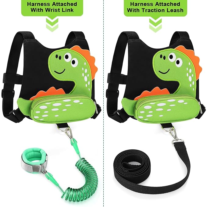 Accmor Toddler Harness Leash, Cute Dinosaur Kids Harness Child Leash with Anti Lost Wrist Link for Outdoor Travel, Adorable Baby Walking Harness Wristband Assistant Strap for 1-3 Years Old Boys Girls