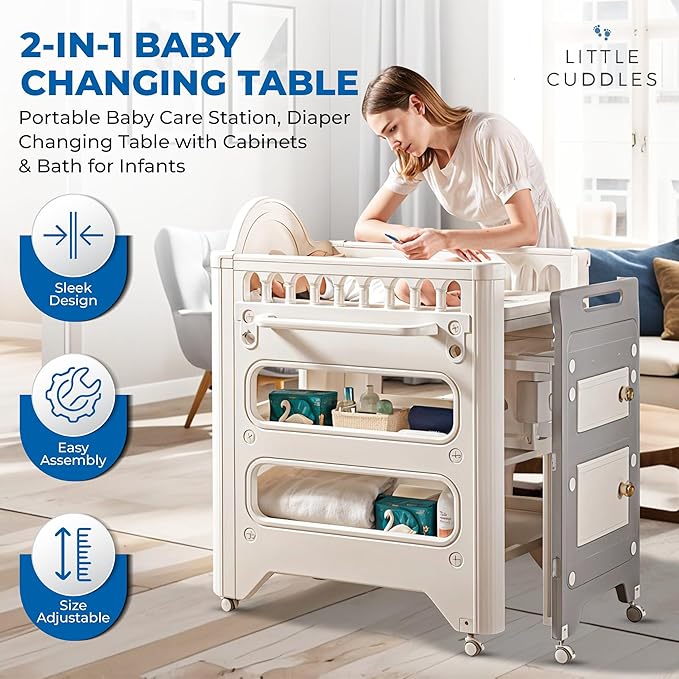 Changing Table with Storage & Adjustable Height, Baby Changing Table, Portable Changing Table, Diaper Changing Station, Baby Changing Station, Easy Assembly Baby Diapering & Bathing