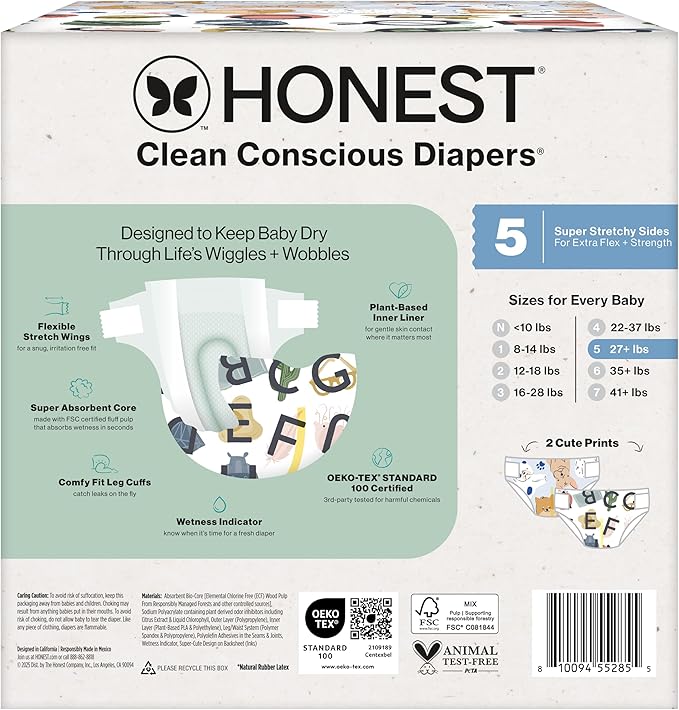 The Honest Company Clean Conscious Diapers for Delicate Skin | Up to 100% Leakproof | Hypoallergenic, Fragrance Free | Gender Neutral | Club Box, Size 5 (27+ lbs), 44 Count (Prints May Vary)