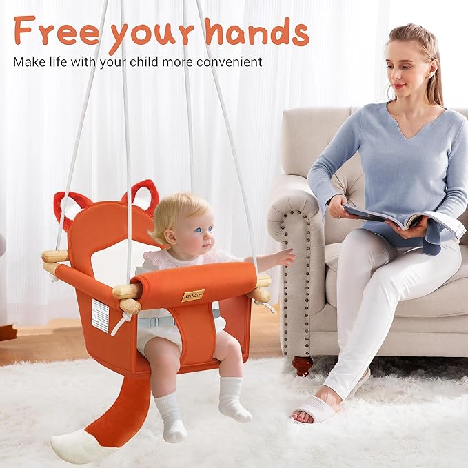 Wooden Baby Swing with Soft Safety Belt, Cozy Infant Swing Seat for Indoor & Outdoor Use, Adjustable Height, Includes Mounting Hardware – Suitable for Babies & Toddlers（Fox-Themed in Red）