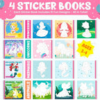 BulbaCraft 4Pcs Sticker Paint Books for Girls - Sticker Books by Number with Mermaids, Princesses, Animals and Unicorns - Coloring Activity for Kids