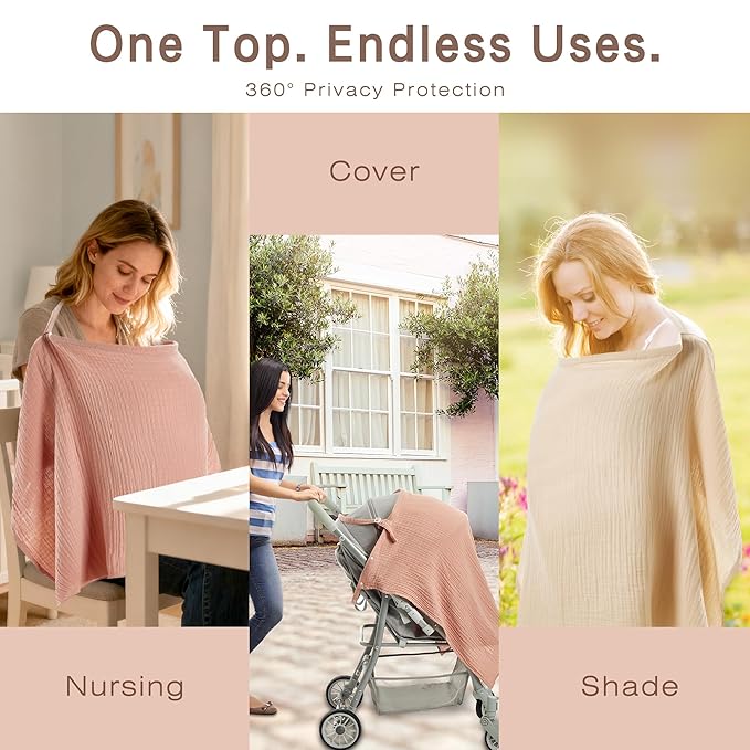 2 Pack Nursing Covers 100% Cotton Breastfeeding Cover Privacy Muslin Full Coverage Nursing Scarf Gift Box (Linen & Dusty Pink)