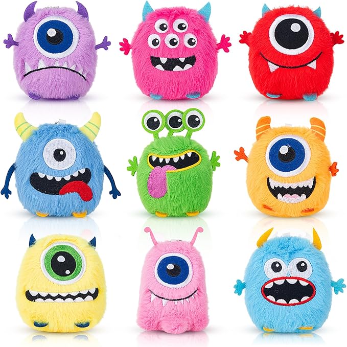 Libima 9 Pcs Mini Stuffed Animals Keychains 3.15 Inch Small Plush Cute Ornaments Bulk Toys for Baby Shower Birthday Party Decors Gift Bags Fillers Halloween Christmas Basket Stuffers(Fluffy Monsters)