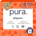 Pura Sensitive Skin Baby Diapers | Size 4 (18-31 lbs) | Hypoallergenic, Totally Chlorine Free, Fragrance Free, Up to 12-Hour Leak Protection | 6 Packs of 22 (132 Diapers)