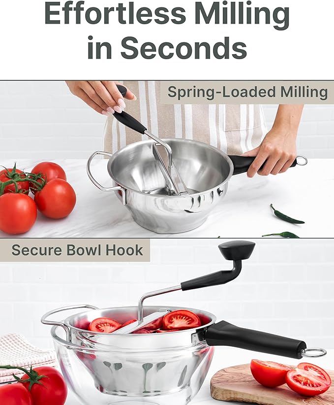 Stainless Steel Food Mill with Detachable Handles – Hand Crank Grinder for Baby Food, Tomato Sauce & Mashed Potatoes – Includes 3 Discs – Easy to Use & Clean – Great for Home Chefs, Parents & Canning