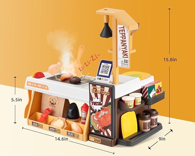 Kids Kitchen Food PlaySet - Simulated Teppanyaki Fast Food Restaurant Toy with Cash Register, Includes Color-Changing Food, Suitable Birthday Gift for Boys and Girls Aged 3-5