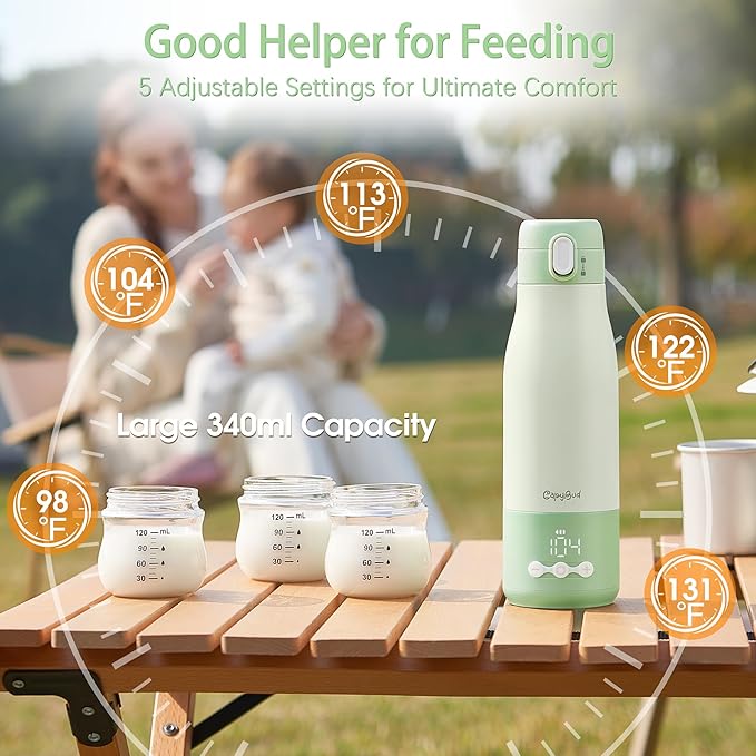 Portable Bottle Warmer, 12Oz Cordless Travel Bottle Warmer for Breastmilk, Formula, Water, 9000mAh Long-Lasting Battery, 3Mins Fast Heating, 5 Levels Smart Temp Control, Keep Warm On The Go