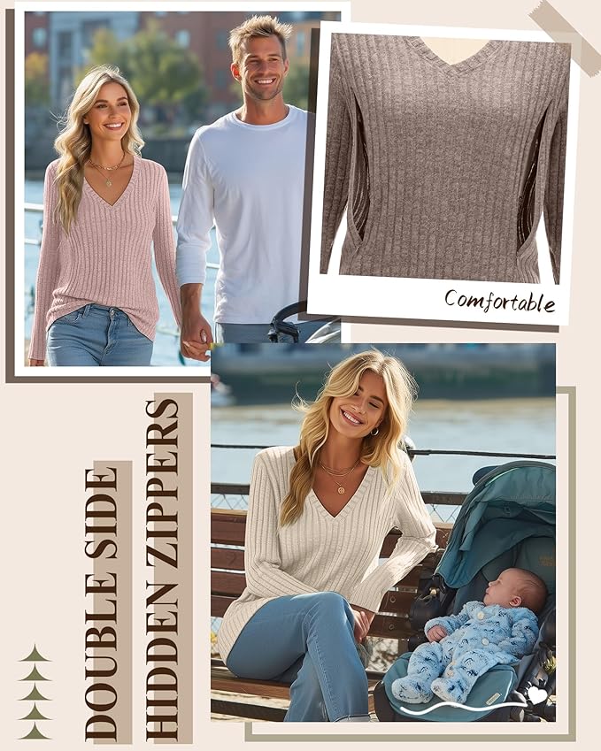 3 Pack Women's Maternity Nursing Tops, V Neck Breastfeeding Sweaters Long Sleeve Hidden Zipper Shirts