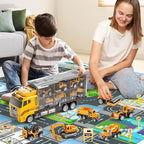 Toddler Boys Construction Truck Vehicle Toy Set with Play Mat and Die-Cast Toy Car, Transport Carrier Truck for Kids 3-5, Birthday Gifts Toys for 3-8 Year Old Boys