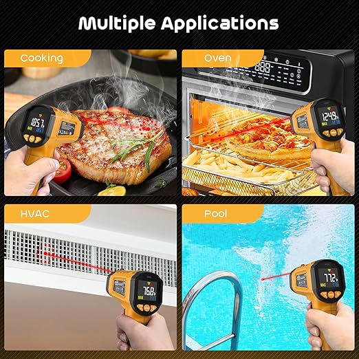Infrared Thermometer Gun,SQECH Laser Thermometer Gun -58℉～1112℉(-50℃～600℃),Non-Contact Temperature Gun with Adjustable Emissivity&Color Backlight for Cooking, Pizza Oven,BBQ,Fridge,Engine,HVAC(Yellow)