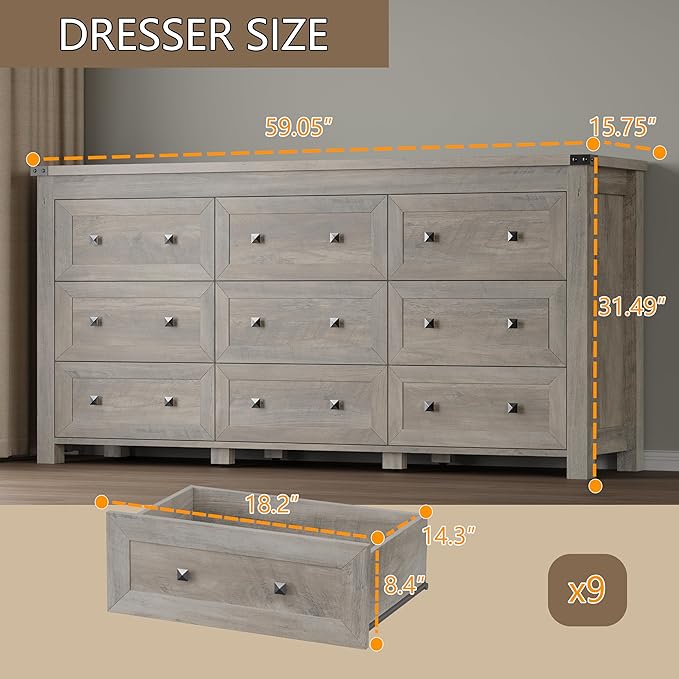 9-Drawer Dresser, Modern Wooden Storage Chest of Drawers, Dresser TV Stand, Wood Drawer Organizer with Metal Handles for Bedroom, Living Room, Hallway