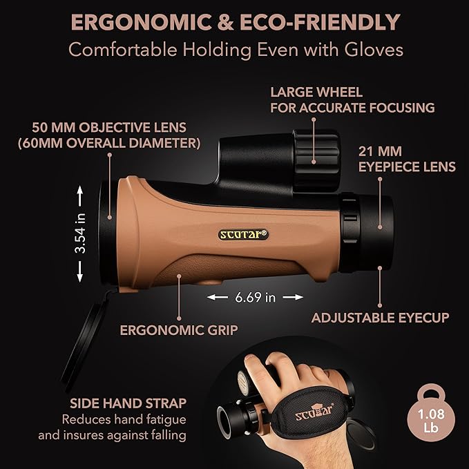 12x50 Monocular Telescope - FMC Fogproof, IP67 Waterproof Hand Held Telescope - BAK4 Phase and Dielectric Coated Prism - Adventure Accessories Set: Bag, Smartphone Adapter, Mini Tripod