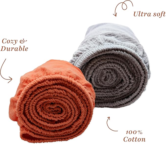 Muslin Fitted Crib Sheet for Standard Crib Mattress, 52” X 28”, 2 Pack 100% Cotton Soft Breathable Baby Crib Sheet for Boys, Girls (Orange/Gray)