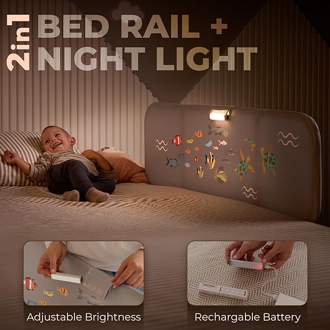 Toddler Bed Rail with Night Light - Foldable Bed Side Rails - Fits for Most Beds Bed Rails for Full Size Bed, Queen Size Rails, Twin Rails - Portable Fence for Baby - 48inch