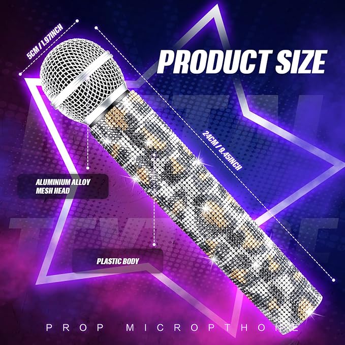Sanwuta Fake Microphone Prop Sparkly Bling Rhinestones Plastic Play Microphone Pretend Glitter Bedazzled Mic for Cosplay Party Costume(Leopard)