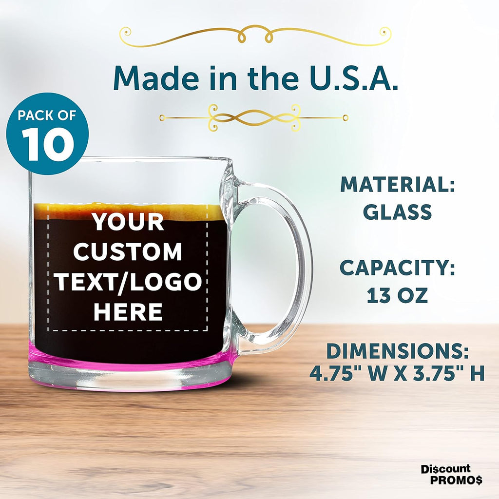 Custom Libbey Clear Glass Coffee Mugs 13 oz. Set of 10, Personalized Bulk Pack - Perfect for Coffee, Tea, Espresso, Hot Cocoa, Other Beverages - Pink Bottom