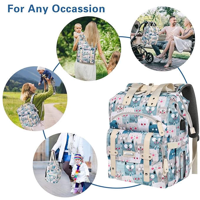 Jiefeike Diaper Bag Backpack,Baby Bags for Mom Dad Girls Boys,15.6inch Cat Dog Travel Baby Diaper Bags with Insulated Pockets,USB Charging Port,RFID Anti-Theft Water-Resistant Pocket