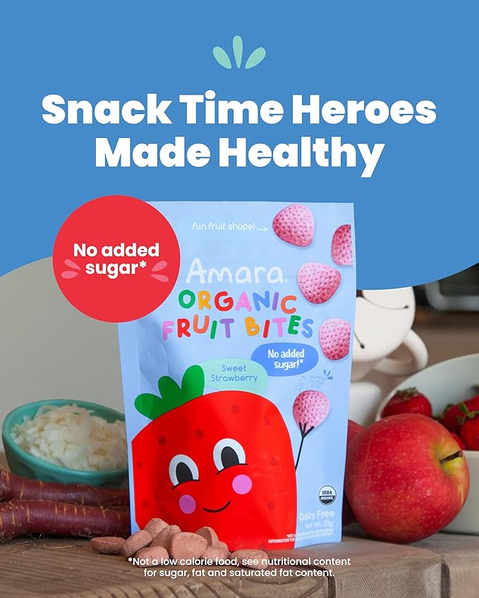 Amara Organic Fruit Bites Sweet Strawberry - No Added Sugar, Dairy-Free, Nut-Free Organic Fruit Snacks, Made with Organic Whole Foods, Allergy-Friendly Healthy Fruit Snacks for Kids - 21g 6PK