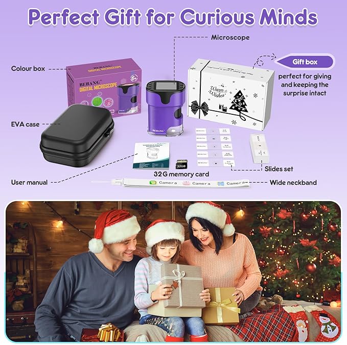 1000X Handheld Microscope for Kids 4K 2.0" Screen Rechargeable Mini Pocket Digital Microscopes w/Slides Kit Portable Edu Gift Age 4-6 8-12 Children Students (Purple)