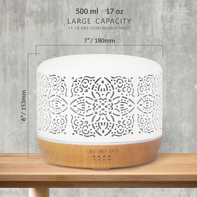 Earnest Living Essential Oil Diffuser White Ceramic Diffuser 500 ml Timers Night Lights and Auto Off Function Home Office Humidifier Aromatherapy Diffusers for Essential Oils