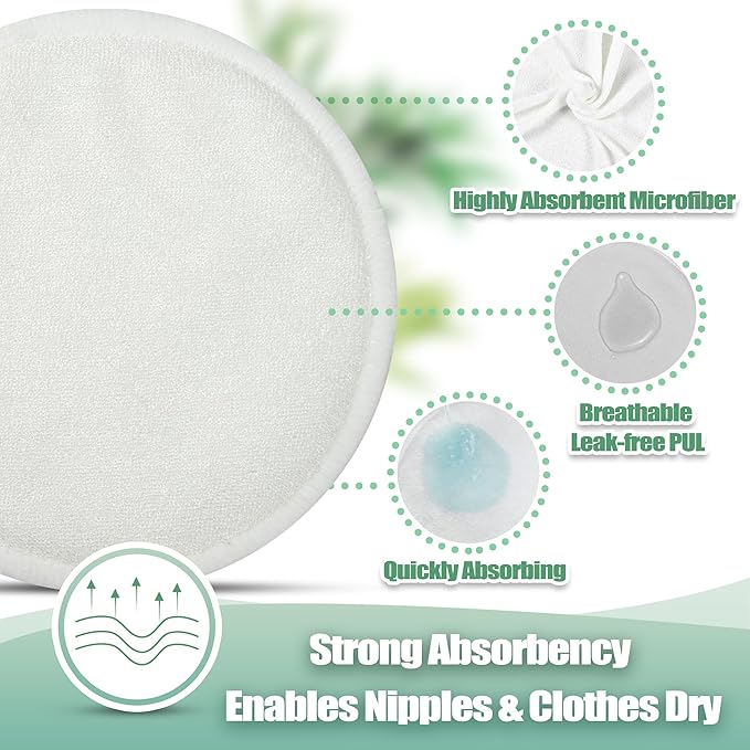 wegreeco Nursing Breast Pads (14 Pack) + Laundry Bag & Travel Storage Bag, 4.7 inch Option - Washable & Reusable Breastfeeding Nursing Pads (Bean Paste Green, Plain Shape)