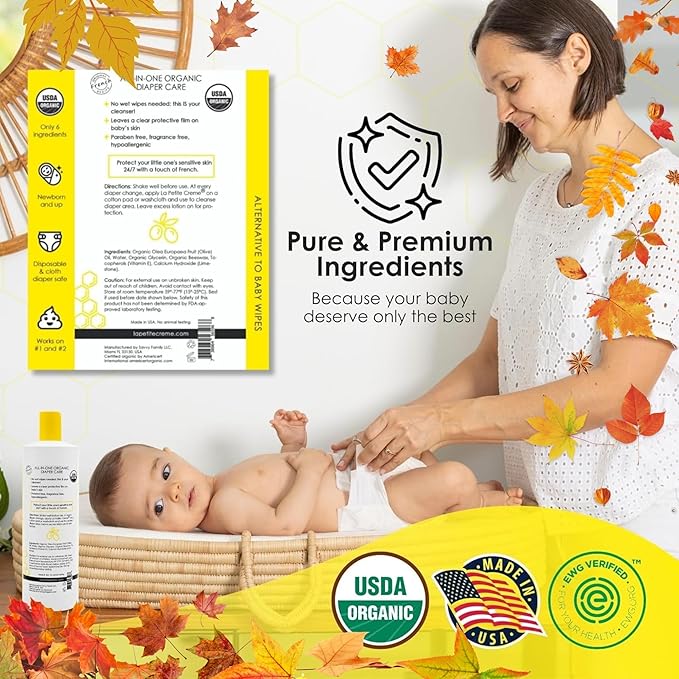 La Petite Creme French Premium Diapering Lotion - Diaper Cream Alternative to Baby Wipes - Moisturizer & Skin Cleanser - USDA Certified Organic Ingredients - Baby Essentials (2 Bottles of 20 oz)